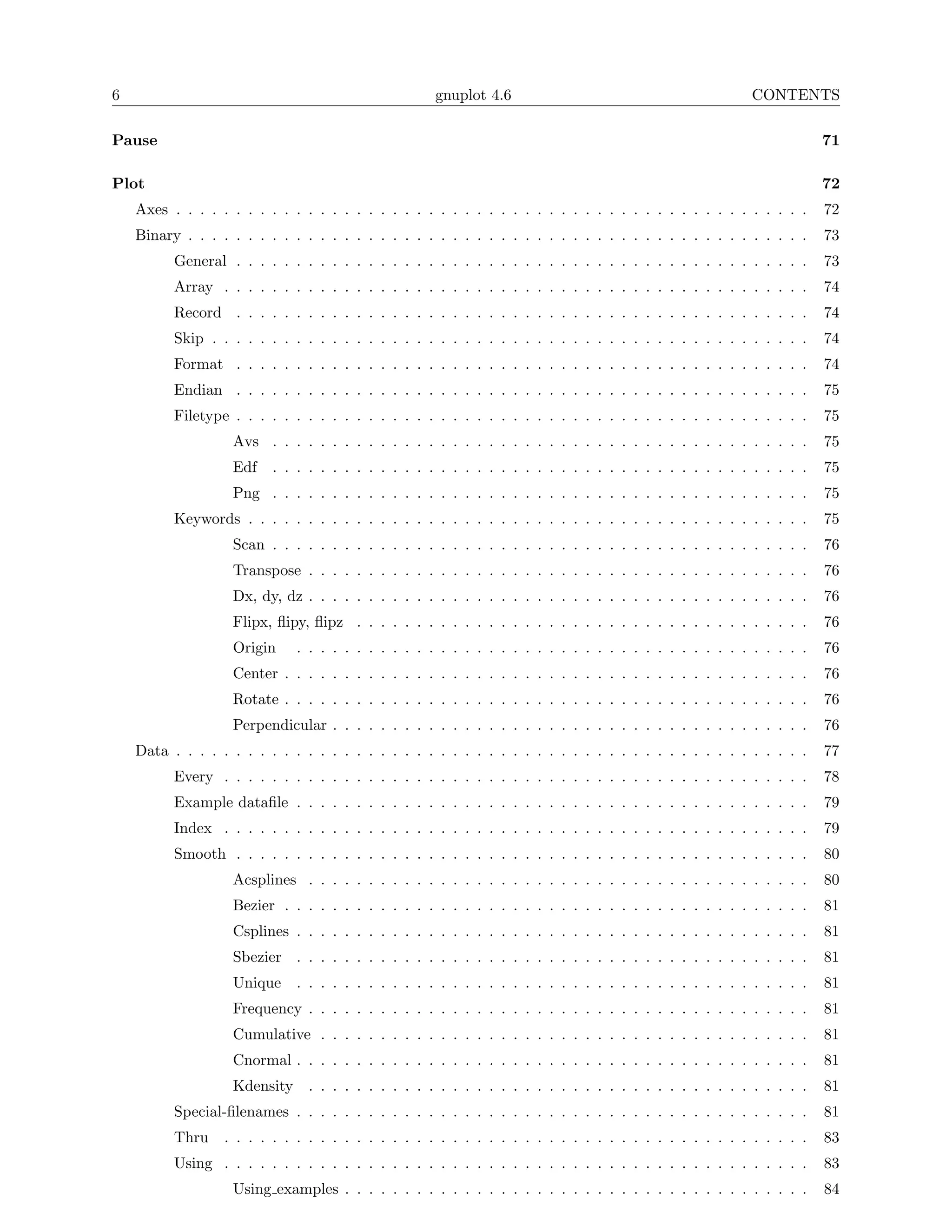 6                                                    gnuplot 4.6                                         CONTENTS

Pause                                                                                                                 71

Plot                                                                                                                  72
    Axes . . . . . . . . . . . . . . . . . . . . . . . . . . . . . . . . . . . . . . . . . . . . . . . . . . . . .    72
    Binary . . . . . . . . . . . . . . . . . . . . . . . . . . . . . . . . . . . . . . . . . . . . . . . . . . . .    73
          General . . . . . . . . . . . . . . . . . . . . . . . . . . . . . . . . . . . . . . . . . . . . . . . .     73
          Array . . . . . . . . . . . . . . . . . . . . . . . . . . . . . . . . . . . . . . . . . . . . . . . . .     74
          Record . . . . . . . . . . . . . . . . . . . . . . . . . . . . . . . . . . . . . . . . . . . . . . . .      74
          Skip . . . . . . . . . . . . . . . . . . . . . . . . . . . . . . . . . . . . . . . . . . . . . . . . . .    74
          Format . . . . . . . . . . . . . . . . . . . . . . . . . . . . . . . . . . . . . . . . . . . . . . . .      74
          Endian . . . . . . . . . . . . . . . . . . . . . . . . . . . . . . . . . . . . . . . . . . . . . . . .      75
          Filetype . . . . . . . . . . . . . . . . . . . . . . . . . . . . . . . . . . . . . . . . . . . . . . . .    75
                   Avs . . . . . . . . . . . . . . . . . . . . . . . . . . . . . . . . . . . . . . . . . . . . .      75
                   Edf    . . . . . . . . . . . . . . . . . . . . . . . . . . . . . . . . . . . . . . . . . . . . .   75
                   Png . . . . . . . . . . . . . . . . . . . . . . . . . . . . . . . . . . . . . . . . . . . . .      75
          Keywords . . . . . . . . . . . . . . . . . . . . . . . . . . . . . . . . . . . . . . . . . . . . . . .      75
                   Scan . . . . . . . . . . . . . . . . . . . . . . . . . . . . . . . . . . . . . . . . . . . . .     76
                   Transpose . . . . . . . . . . . . . . . . . . . . . . . . . . . . . . . . . . . . . . . . . .      76
                   Dx, dy, dz . . . . . . . . . . . . . . . . . . . . . . . . . . . . . . . . . . . . . . . . . .     76
                   Flipx, ﬂipy, ﬂipz . . . . . . . . . . . . . . . . . . . . . . . . . . . . . . . . . . . . . .      76
                   Origin     . . . . . . . . . . . . . . . . . . . . . . . . . . . . . . . . . . . . . . . . . . .   76
                   Center . . . . . . . . . . . . . . . . . . . . . . . . . . . . . . . . . . . . . . . . . . . .     76
                   Rotate . . . . . . . . . . . . . . . . . . . . . . . . . . . . . . . . . . . . . . . . . . . .     76
                   Perpendicular . . . . . . . . . . . . . . . . . . . . . . . . . . . . . . . . . . . . . . . .      76
    Data . . . . . . . . . . . . . . . . . . . . . . . . . . . . . . . . . . . . . . . . . . . . . . . . . . . . .    77
          Every . . . . . . . . . . . . . . . . . . . . . . . . . . . . . . . . . . . . . . . . . . . . . . . . .     78
          Example dataﬁle . . . . . . . . . . . . . . . . . . . . . . . . . . . . . . . . . . . . . . . . . . .       79
          Index . . . . . . . . . . . . . . . . . . . . . . . . . . . . . . . . . . . . . . . . . . . . . . . . .     79
          Smooth . . . . . . . . . . . . . . . . . . . . . . . . . . . . . . . . . . . . . . . . . . . . . . . .      80
                   Acsplines . . . . . . . . . . . . . . . . . . . . . . . . . . . . . . . . . . . . . . . . . .      80
                   Bezier . . . . . . . . . . . . . . . . . . . . . . . . . . . . . . . . . . . . . . . . . . . .     81
                   Csplines . . . . . . . . . . . . . . . . . . . . . . . . . . . . . . . . . . . . . . . . . . .     81
                   Sbezier . . . . . . . . . . . . . . . . . . . . . . . . . . . . . . . . . . . . . . . . . . .      81
                   Unique     . . . . . . . . . . . . . . . . . . . . . . . . . . . . . . . . . . . . . . . . . . .   81
                   Frequency . . . . . . . . . . . . . . . . . . . . . . . . . . . . . . . . . . . . . . . . . .      81
                   Cumulative . . . . . . . . . . . . . . . . . . . . . . . . . . . . . . . . . . . . . . . . .       81
                   Cnormal . . . . . . . . . . . . . . . . . . . . . . . . . . . . . . . . . . . . . . . . . . .      81
                   Kdensity     . . . . . . . . . . . . . . . . . . . . . . . . . . . . . . . . . . . . . . . . . .   81
          Special-ﬁlenames . . . . . . . . . . . . . . . . . . . . . . . . . . . . . . . . . . . . . . . . . . .      81
          Thru    . . . . . . . . . . . . . . . . . . . . . . . . . . . . . . . . . . . . . . . . . . . . . . . . .   83
          Using . . . . . . . . . . . . . . . . . . . . . . . . . . . . . . . . . . . . . . . . . . . . . . . . .     83
                   Using examples . . . . . . . . . . . . . . . . . . . . . . . . . . . . . . . . . . . . . . .       84
 
