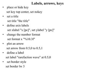 Labels, arrows, keys
• place or hide key
set key top center, set nokey
• set a title
set title "the title"
• define axis labels
set xlabel "x [pc]", set ylabel "y [pc]"
• change the number format
set format x "%10.3f"
• plot an arrow
set arrow from 0.5,0 to 0.5,1
• define a label
set label "rarefaction wave" at 0.5,0
• set border style
set border lw 3
 