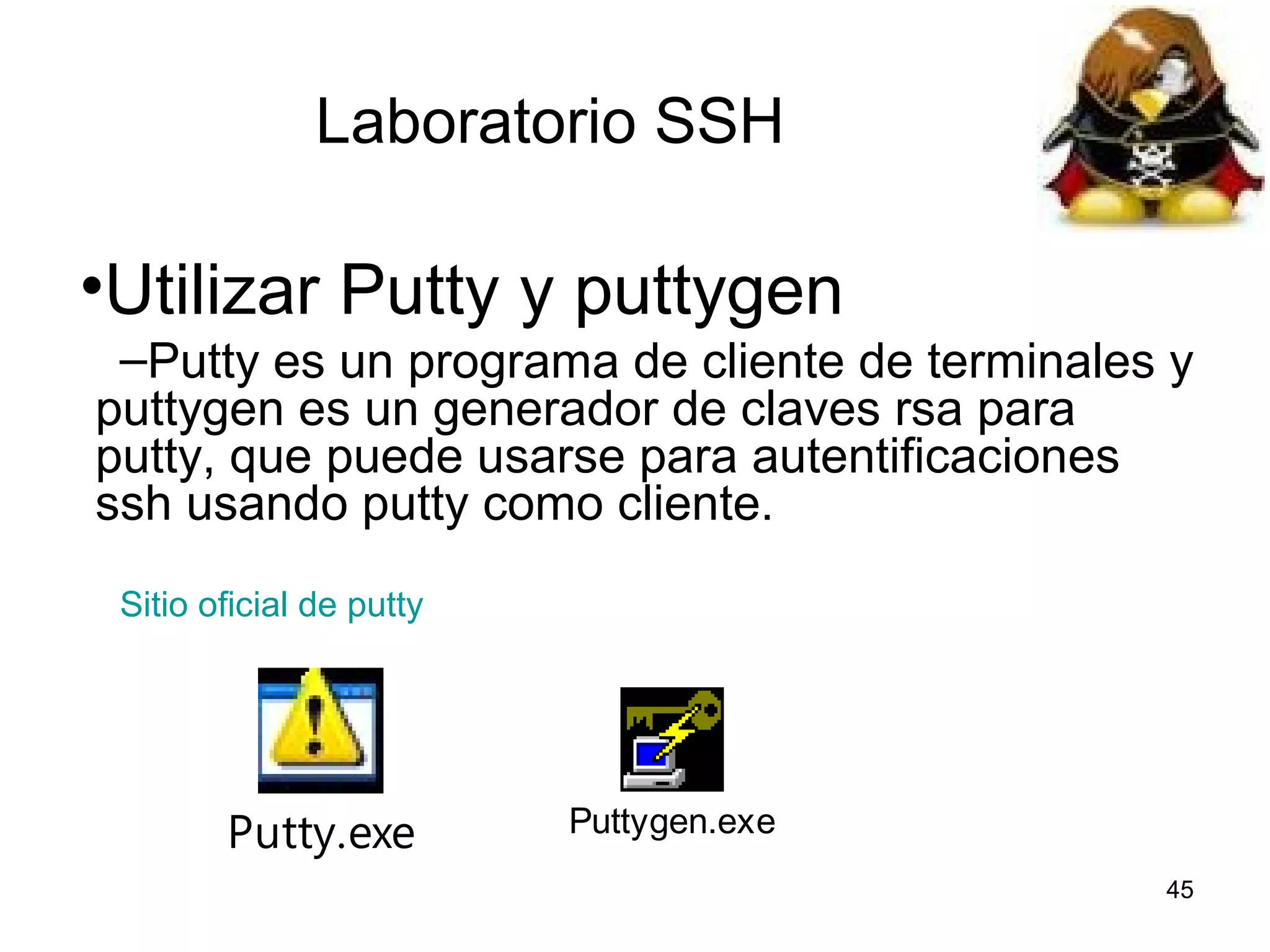 Laboratorio SSH

•Utilizar Putty y puttygen
–Putty es un programa de cliente de terminales y
puttygen es un generador de claves rsa para
putty, que puede usarse para autentificaciones
ssh usando putty como cliente.
Sitio oficial de putty

Putty.exe

Puttygen.exe
45

 