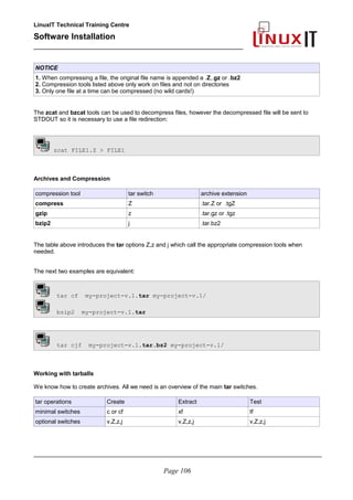 LinuxIT Technical Training Centre
Software Installation
_________________________________________________
NOTICE
1. When compressing a file, the original file name is appended a .Z,.gz or .bz2
2. Compression tools listed above only work on files and not on directories
3. Only one file at a time can be compressed (no wild cards!)
The zcat and bzcat tools can be used to decompress files, however the decompressed file will be sent to
STDOUT so it is necessary to use a file redirection:
zcat FILE1.Z > FILE1
Archives and Compression
compression tool tar switch archive extension
compress Z .tar.Z or .tgZ
gzip z .tar.gz or .tgz
bzip2 j .tar.bz2
The table above introduces the tar options Z,z and j which call the appropriate compression tools when
needed.
The next two examples are equivalent:
tar cf my-project-v.1.tar my-project-v.1/
bzip2 my-project-v.1.tar
tar cjf my-project-v.1.tar.bz2 my-project-v.1/
Working with tarballs
We know how to create archives. All we need is an overview of the main tar switches.
tar operations Create Extract Test
minimal switches c or cf xf tf
optional switches v,Z,z,j v,Z,z,j v,Z,z,j
________________________________________________________________________________________
Page 106
 