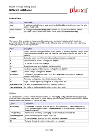 LinuxIT Technical Training Centre
Software Installation
_________________________________________________
Package Flags
Flag Description
hold A package marked to be on hold is not handled by dpkg, unless forced to do that with
option –force-hold.
reinst-required A package marked reinst-required is broken and requires reinstallation. These
packages cannot be removed, unless forced with option --force-reinstreq.
Actions
The heart of dpkg operation is the command line parameters specifying the action which should be
performed. While there are a large number of these, the following table summarises the main actions you
are likely to require on any regular basis.
Action Description
-l Prints a list of the packages installed on the system, or matching a pattern if any is given.
The first three characters on each line show the state, selection state, and flags of the
package
-s Shows the status and information about particular installed package(s)
-I Show information about a package in a .deb file
-L List the files included in a package
-S Show the package which includes the file specified
-i Install (or upgrade) and configure a package from a .deb file
--unpack Unpack (only) a package in a .deb file
--configure Configure an unpacked package. With -a (or --pending) configures all packages
requiring configuration
-r Remove a package (but leave its configuration files)
-P Purge – remove a package along with its configuration files
--get-selections Get a list of package selections from a system (to stdout)
--set-selections Set the list of package selections for a system (from stdin)
Options
All options can be specified both on the commandline and in the dpkg configuration file /etc/dpkg/dpkg.cfg.
Each line in the configuration file is either an option (exactly the same as the commandline option but without
leading dashes) or a comment (if it starts with a #).
Option Description
-force-thing Forces dpkg to perform an action which it would normally not take (for example, to
ignore dependency information - --force-depends, or to downgrade a package with –
force-downgrade)
--refuse-thing Refuse to do something which dpkg would normally automatically do
--ignore-depends Ignore dependency checking for a package
--no-act Show what dpkg would do, but don't do it (also: --simulate)
-R Recurse through directories (using with -i or --unpack)
________________________________________________________________________________________
Page 114
 