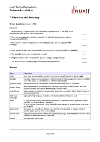 LinuxIT Technical Training Centre
Software Installation
_________________________________________________
7. Exercises and Summary
Review Questions (answers p.150)
Yes or No
1. When building a project from source one has to compile sections of the code in the
correct order using gcc on the command line _____
2. The program make will only build a project if it is started in a directory containing
the appropriate Makefile _____
3. Pre-compiled binary packages and source code packages are two types of RPM
packages _____
4. Once shared libraries have been installed from source it is recommended to run ldconfig _____
5. The ldconfig tool is used to update the ld-cache _____
6. Program installed from source can be queried using a package manager _____
7. The APT tools can install packages and resolve all dependencies _____
Glossary
Term Description
build term used when compiling a project from source, usually started by typing make
compile translate programming instructions written in a high-level language into machine readable
code. The output of a compilation is called the object code
dynamic library
shared library
static library
a library that can be loaded at the same time as the execution of a program
a library intended to be used by more than one executable. Shared libraries are often
dynamic libraries and have a .so extension (shared object)
a library that is copied into the executable during the compilation. Static libraries have .a
extensions (archive)
high-level
language
a programming language readable by humans used to write source code
linker 1. program used during the compilation process to assemble objects generated by the
compiler into an executable – see ld(1)
2. program that dynamically loads shared libraries needed by an executable at runtime –
see ld.so(8)
object code the output of a compilation. Object code is either an executable or may be linked to
another object code to form an executable
source code programming instructions written in a high-level language that need to be compiled with a
compiler or interpreted with an interpreter
tarball a compressed tar archive
________________________________________________________________________________________
Page 118
 