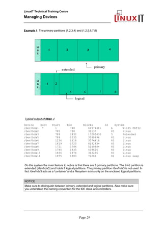 LinuxIT Technical Training Centre
Managing Devices
____________________________________________
Example 1: The primary partitions (1,2,3,4) and (1,2,5,6,7,8)
Typical output of fdisk -l
Device Boot Start End Blocks Id System
/dev/hda1 * 1 748 6297448+ b Win95 FAT32
/dev/hda2 785 788 32130 83 Linux
/dev/hda3 789 2432 13205430 5 Extended
/dev/hda5 789 1235 3590496 83 Linux
/dev/hda6 1236 1618 3076416 83 Linux
/dev/hda7 1619 1720 819283+ 83 Linux
/dev/hda8 1721 1784 514048+ 83 Linux
/dev/hda9 1785 1835 409626 83 Linux
/dev/hda10 1836 1874 313236 83 Linux
/dev/hda11 1875 1883 72261 82 Linux swap
On this system the main feature to notice is that there are 3 primary partitions. The third partition is
extended (/dev/hda3) and holds 8 logical partitions. The primary partition /dev/hda3 is not used. In
fact /dev/hda3 acts as a 'container' and a filesystem exists only on the enclosed logical partitions.
NOTICE
Make sure to distinguish between primary, extended and logical partitions. Also make sure
you understand the naming convention for the IDE disks and controllers.
__________________________________________________________________________________________________
Page 29
 