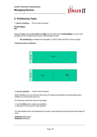 LinuxIT Technical Training Centre
Managing Devices
____________________________________________
2. Partitioning Tools:
1. Before installation: (not for exam purpose)
PartitionMagic
fips
Notice that fips only handles fat16 and fat32. On the other hand, PartitionMagic is much more
versatile and can handle most common UNIX formats as well.
No partitioning is needed if for example C: and D: exist and the D: drive is empty.
Partitioning before installation:
2. During installation: (not for exam purpose)
While installing Linux you will have the choice of creating new partitions and associating each
partition to a mount point (see p.5).
For advanced users this is done in two steps:
1. Use the fdisk tool to create new partitions
2. Associate a mount point to each partition
For intermediate users most distributions include a user friendly tool that does both these steps at
once:
diskdrake (Mandrake)
DiskDruid (RedHat)
__________________________________________________________________________________________________
Page 30
 