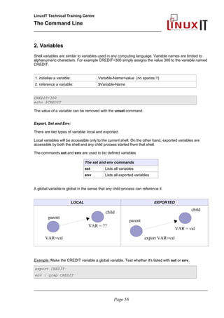 LinuxIT Technical Training Centre
The Command Line
_______________________________________________
2. Variables
Shell variables are similar to variables used in any computing language. Variable names are limited to
alphanumeric characters. For example CREDIT=300 simply assigns the value 300 to the variable named
CREDIT.
1. initialise a variable: Variable-Name=value (no spaces !!)
2. reference a variable: $Variable-Name
CREDIT=300
echo $CREDIT
The value of a variable can be removed with the unset command.
Export, Set and Env:
There are two types of variable: local and exported.
Local variables will be accessible only to the current shell. On the other hand, exported variables are
accessible by both the shell and any child process started from that shell.
The commands set and env are used to list defined variables
The set and env commands
set Lists all variables
env Lists all exported variables
A global variable is global in the sense that any child process can reference it.
LOCAL EXPORTED
Example: Make the CREDIT variable a global variable. Test whether it's listed with set or env.
export CREDIT
env | grep CREDIT
________________________________________________________________________________________________________
Page 58
VAR=val
VAR = ??
parent
child
parent
child
VAR = val
export VAR=val
 