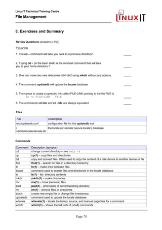 LinuxIT Technical Training Centre
File Management
_________________________________________________
8. Exercises and Summary
Review Questions (answers p.150)
Yes or No
1. The cd – command will take you back to a previous directory? _____
2. Typing cd ~ (in the bash shell) is the shortest command that will take
you to your home directory ? _____
3. One can make two new directories /dir1/dir2 using mkdir without any options _____
4. The command updatedb will update the locate database _____
5. The syntax to create a symbolic link called FILE-LINK pointing to the file FILE is
ln -s FILE-LINK FILE _____
6. The commands cd /etc and cd ./etc are always equivalent _____
Files
File Description
/etc/updatedb.conf configuration file for the updatedb tool
/
var/lib/slocate/slocate.db
the locate (or slocate 'secure locate') database
Commands
Command Description (apropos)
cd change current directory – see help cd
cp cp(1) – copy files and directories
dd copy and convert files. Often used to copy the content of a disk device to another device or file
find find(1) – search for files in a directory hierarchy
ln ln(1) – make links between files
locate command used to search files and directories in the locate database
ls ls(1) – list directory contents
mkdir mkdir(1) – make directories
mv mv(1) – move (rename) files
pwd pwd(1) – print name of current/working directory
rm rm(1) – remove files or directories
touch create new empty file or change file timestamps
updatedb command used to update the locate database
whereis whereis(1) – locate the binary, source, and manual page files for a command
which which(1) – shows the full path of (shell) commands
________________________________________________________________________________________
Page 78
 