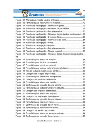 11



Figura 132: Alteração da relação Usuário e Unidade............................................77
Figura 133: Formulário para incluir um novo material............................................79
Figura 134: Planilha de catalogação – Informações gerais...................................79
Figura 135: Planilha de catalogação – Ficha dos dados da obra..........................79
Figura 136: Planilha de catalogação – Entrada principal.......................................80
Figura 137: Planilha de catalogação – Ficha dos dados da obra (continuação)...80
Figura 138: Planilha de catalogação – Descrição física.........................................81
Figura 139: Planilha de catalogação – Informações de série................................81
Figura 140: Planilha de catalogação – Notas.........................................................81
Figura 141: Planilha de catalogação – Assunto.....................................................82
Figura 142: Planilha de catalogação – Entrada secundária...................................82
Figura 143: Planilha de catalogação – Tipo de material........................................83
Figura 144: Planilha de catalogação – Ficha dos dados dos exemplares da obra. . .
83
Figura 145: Formulário para alterar um material....................................................84
Figura 146: Formulário para duplicar um material..................................................85
Figura 147: Formulário para excluir um material....................................................85
Figura 148: Formulário para ordenar material em uma listagem...........................86
Figura 149: Tela de cadastro da coleção de periódico..........................................86
Figura 150: Listagem das coleção de periódico.....................................................88
Figura 151: Formulário para inserir uma nova planilha..........................................89
Figura 152: Listagem das planilhas cadastradas...................................................89
Figura 153: Formulário para alterar uma planilha..................................................89
Figura 154: Confirmação de exclusão de uma planilha.........................................90
Figura 155: Formulário para cadastrar uma nova etiqueta....................................90
Figura 156: Listagem das etiquetas cadastradas...................................................91
Figura 157: Formulário para alterar uma etiqueta..................................................91
Figura 158: Listagem dos subcampos das etiquetas.............................................91
Figura 159: Confirmação de exclusão de uma etiqueta.........................................91
Figura 160: Formulário para inserir um índice........................................................92
Figura 161: Confirmação de exclusão de um índice..............................................92
Figura 162: Formulário para incluir um novo termo................................................94
Figura 163: Listagem dos termos pesquisados......................................................94
Figura 164: Formulário para alterar um termo cadastrado.....................................94
Figura 165: Confirmação de exclusão de um termo...............................................95

                               Manual de Treinamento – Gnuteca 1.8
 