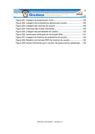 14



Figura 231: Listagem da pesquisa por nome.......................................................129
Figura 232: Listagem dos empréstimos abertos pelo usuário.............................129
Figura 233: Listagem das reservas do usuário....................................................130
Figura 234: Descrição das multas calculadas......................................................130
Figura 235: Listagem das penalidades do usuário...............................................130
Figura 236: Janela para verificação de renovação Web......................................131
Figura 237: Listagem do histórico de empréstimo do usuário.............................132
Figura 238: Relatório (em formato PDF) do histórico do usuário.........................132
Figura 239: Janela informando que o usuário não possui senha cadastrada.....133




                              Manual de Treinamento – Gnuteca 1.8
 