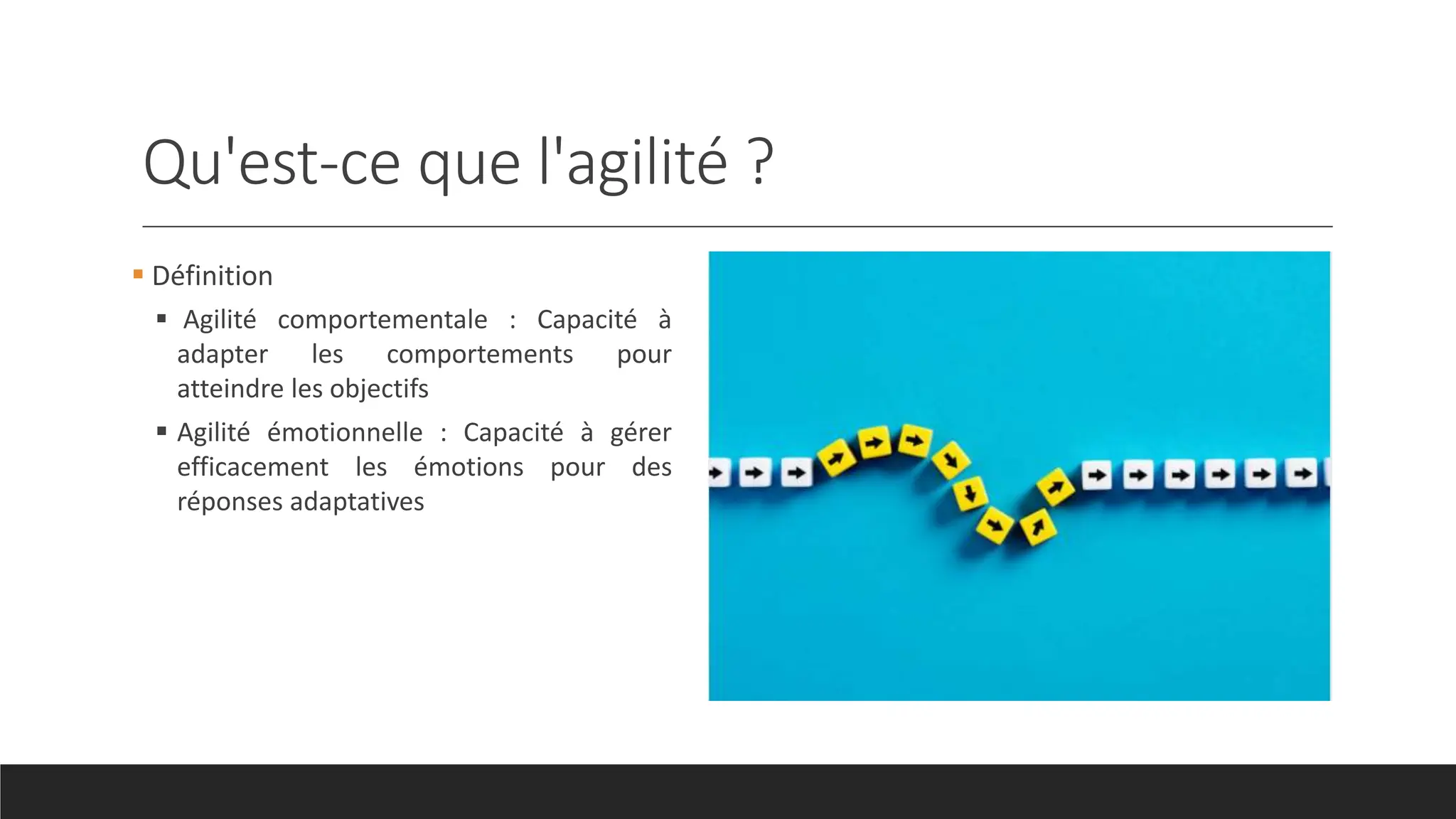Qu'est-ce que l'agilité ?
Définition
Agilité comportementale : Capacité à
adapter les comportements pour
atteindre les objectifs
Agilité émotionnelle : Capacité à gérer
efficacement les émotions pour des
réponses adaptatives