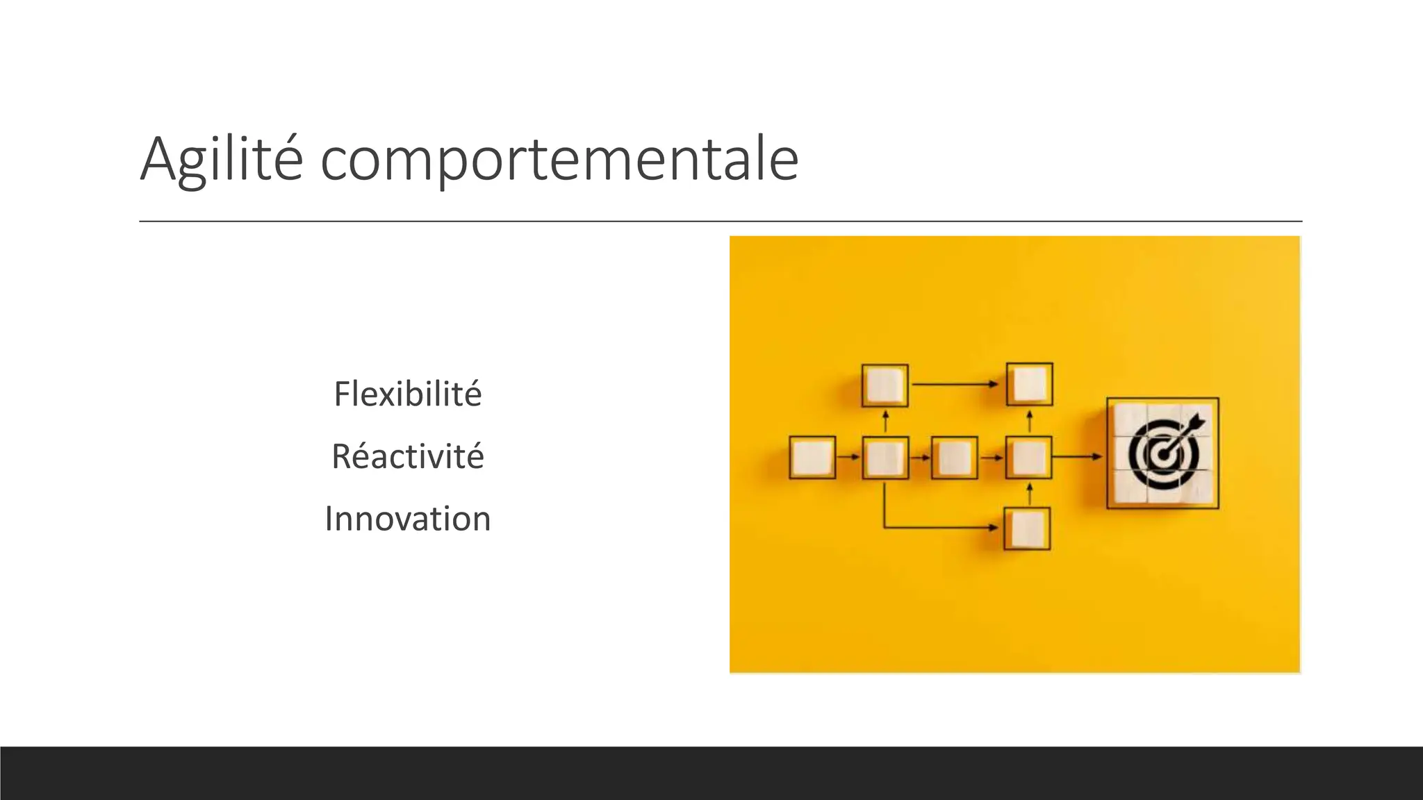 Agilité comportementale
Flexibilité
Réactivité
Innovation