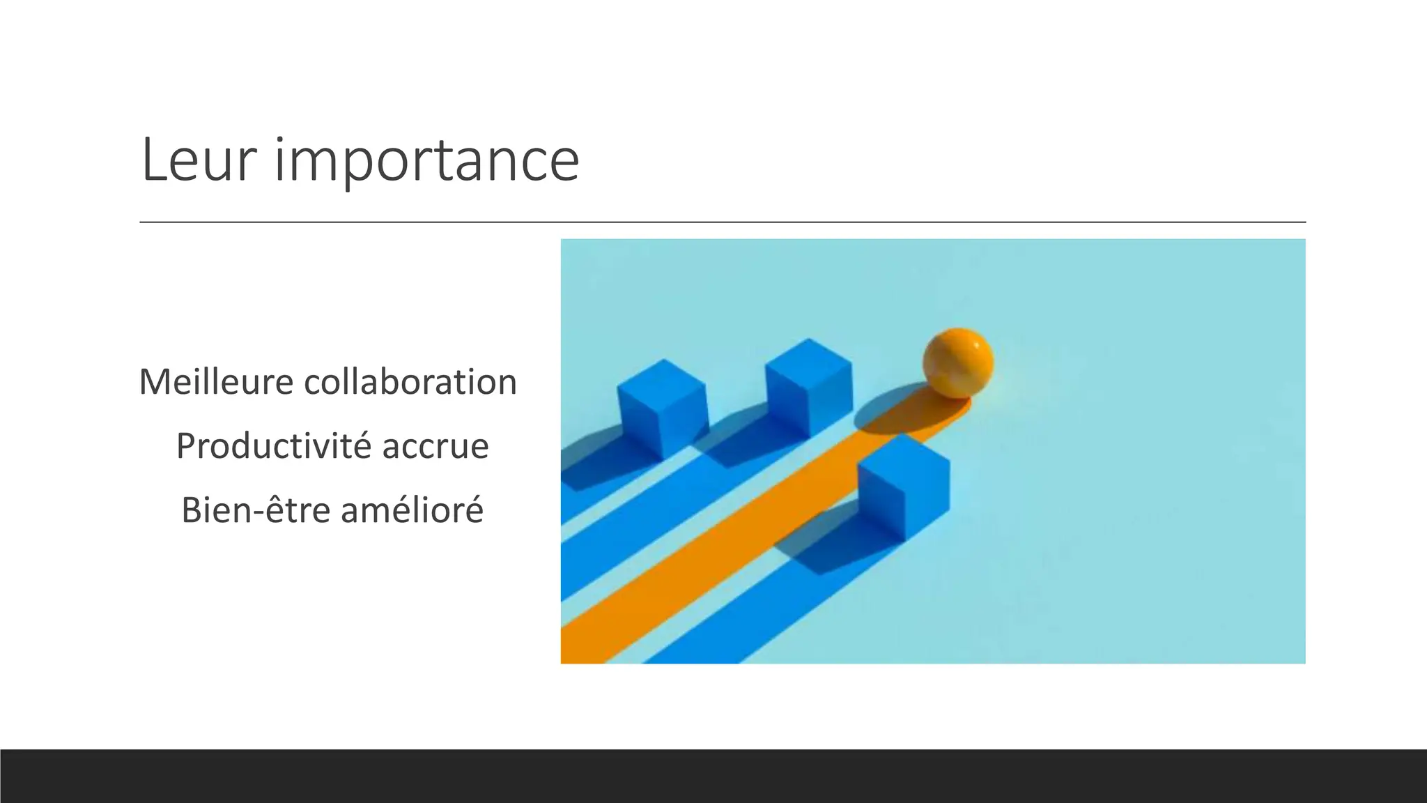 Leur importance
Meilleure collaboration
Productivité accrue
Bien-être amélioré