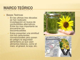 Marco teóricoBases TeóricasEn las ultimas tres décadas se han realizado investigación en busca de combustibles alternativos. Entre los mas importante se encuentran los biocombustiblesEstos presentan una similitud con los carburantes convencionales pero ponen en peligro la seguridad alimentaria ya que usan alimentos básicos, como el maíz, el girasol, la soja, etc.