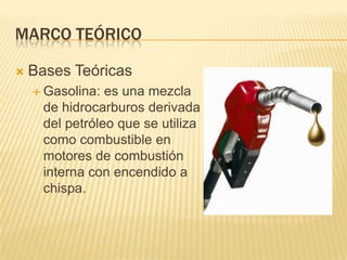 Marco teóricoBases TeóricasGasolina: es una mezcla de hidrocarburos derivada del petróleo que se utiliza como combustible en motores de combustión interna con encendido a chispa.