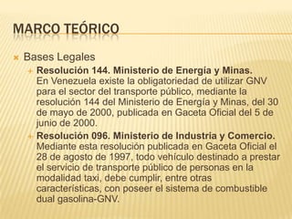 Marco teóricoBases LegalesResolución 144. Ministerio de Energía y Minas.En Venezuela existe la obligatoriedad de utilizar GNV para el sector del transporte público, mediante la resolución 144 del Ministerio de Energía y Minas, del 30 de mayo de 2000, publicada en Gaceta Oficial del 5 de junio de 2000.Resolución 096. Ministerio de Industria y Comercio.Mediante esta resolución publicada en Gaceta Oficial el 28 de agosto de 1997, todo vehículo destinado a prestar el servicio de transporte público de personas en la modalidad taxi, debe cumplir, entre otras características, con poseer el sistema de combustible dual gasolina-GNV.