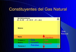Constituyentes del Gas Natural
     No hidrocarburos
    (H 2 S, CO 2 , H 2 O, N   2   ,H   2   , etc.)




     Metano

                                                                Gas
                                                                Natural
    Etano
                                                     Líquidos
     Propano y          Gas                          Gas
    Butano              Licuado
                                                     Natural
     Pentanos +         Petróleo
 