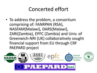 Concerted effort
• To address the problem, a consortium
comprising of: FANRPAN (RSA),
NASFAM(Malawi), DARS(Malawi),
ZARI(Zambia), EPFC (Zambia) and Univ. of
Greenwich-NRI (UK) collaboratively sought
financial support from EU through CRF
PAEPARD project
•
 