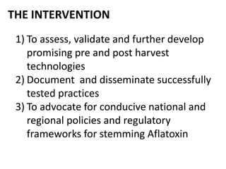 THE INTERVENTION
1) To assess, validate and further develop
promising pre and post harvest
technologies
2) Document and disseminate successfully
tested practices
3) To advocate for conducive national and
regional policies and regulatory
frameworks for stemming Aflatoxin
 