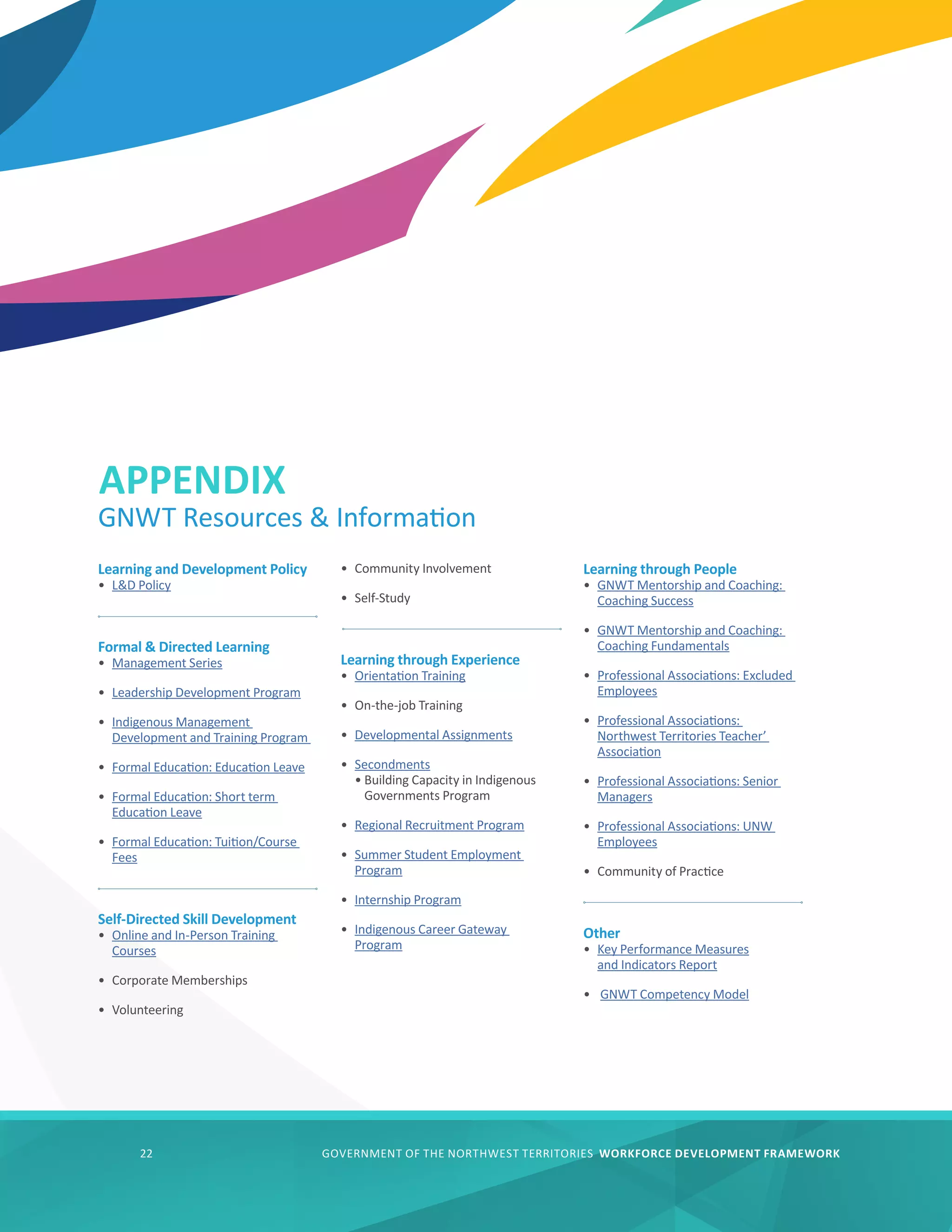 GOVERNMENT OF THE NORTHWEST TERRITORIES WORKFORCE DEVELOPMENT FRAMEWORK
22
GNWT Resources  Information
APPENDIX
Learning and Development Policy
•	 LD Policy
Formal  Directed Learning
•	 Management Series
•	 Leadership Development Program
•	 Indigenous Management
Development and Training Program
•	 Formal Education: Education Leave
•	 Formal Education: Short term
Education Leave
•	 Formal Education: Tuition/Course
Fees
Self-Directed Skill Development
•	 Online and In-Person Training
Courses
•	 Corporate Memberships
•	 Volunteering
•	 Community Involvement
•	 Self-Study
Learning through Experience
•	 Orientation Training
•	 On-the-job Training
•	 Developmental Assignments
•	 Secondments
• 
Building Capacity in Indigenous
Governments Program
•	 Regional Recruitment Program
•	 Summer Student Employment
Program
•	 Internship Program
•	 Indigenous Career Gateway
Program
Learning through People
•	 GNWT Mentorship and Coaching:
Coaching Success
•	 GNWT Mentorship and Coaching:
Coaching Fundamentals
•	 Professional Associations: Excluded
Employees
•	 Professional Associations:
Northwest Territories Teacher’
Association
•	 Professional Associations: Senior
Managers
•	 Professional Associations: UNW
Employees
•	 Community of Practice
Other
•	 Key Performance Measures
and Indicators Report
•	 GNWT Competency Model
 