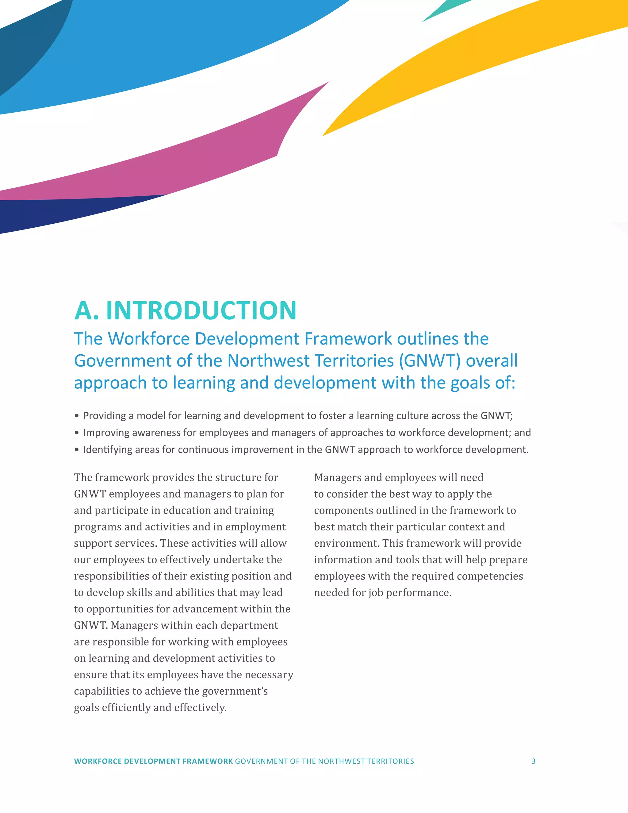 WORKFORCE DEVELOPMENT FRAMEWORK GOVERNMENT OF THE NORTHWEST TERRITORIES 3
The framework provides the structure for
GNWT employees and managers to plan for
and participate in education and training
programs and activities and in employment
support services. These activities will allow
our employees to effectively undertake the
responsibilities of their existing position and
to develop skills and abilities that may lead
to opportunities for advancement within the
GNWT. Managers within each department
are responsible for working with employees
on learning and development activities to
ensure that its employees have the necessary
capabilities to achieve the government’s
goals efficiently and effectively.
Managers and employees will need
to consider the best way to apply the
components outlined in the framework to
best match their particular context and
environment. This framework will provide
information and tools that will help prepare
employees with the required competencies
needed for job performance.
The Workforce Development Framework outlines the
Government of the Northwest Territories (GNWT) overall
approach to learning and development with the goals of:
A. INTRODUCTION
•	Providing a model for learning and development to foster a learning culture across the GNWT;
•	Improving awareness for employees and managers of approaches to workforce development; and
•	Identifying areas for continuous improvement in the GNWT approach to workforce development.
 