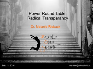 Dr. Melanie Rieback
Dec 11, 2014 melanie@radical.sexy
Power Round Table:
Radical Transparancy
 
