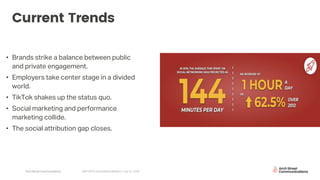 Arch Street Communications GNY-WTS: Social Media Webinar | July 22, 2020
Current Trends
• Brands strike a balance between public
and private engagement.
• Employers take center stage in a divided
world.
• TikTok shakes up the status quo.
• Social marketing and performance
marketing collide.
• The social attribution gap closes.
 