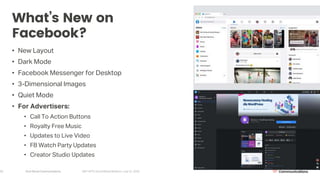 Arch Street Communications GNY-WTS: Social Media Webinar | July 22, 2020
What’s New on
Facebook?
• New Layout
• Dark Mode
• Facebook Messenger for Desktop
• 3-Dimensional Images
• Quiet Mode
• For Advertisers:
• Call To Action Buttons
• Royalty Free Music
• Updates to Live Video
• FB Watch Party Updates
• Creator Studio Updates
22
 
