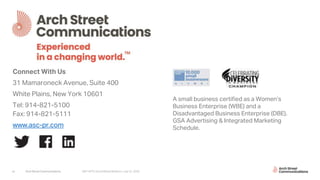 Arch Street Communications GNY-WTS: Social Media Webinar | July 22, 202041
Connect With Us
31 Mamaroneck Avenue, Suite 400
White Plains, New York 10601
Tel: 914-821-5100
Fax: 914-821-5111
www.asc-pr.com
A small business certified as a Women’s
Business Enterprise (WBE) and a
Disadvantaged Business Enterprise (DBE).
GSA Advertising & Integrated Marketing
Schedule.
 