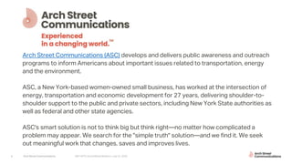 Arch Street Communications GNY-WTS: Social Media Webinar | July 22, 20205
Arch Street Communications (ASC) develops and delivers public awareness and outreach
programs to inform Americans about important issues related to transportation, energy
and the environment.
ASC, a New York-based women-owned small business, has worked at the intersection of
energy, transportation and economic development for 27 years, delivering shoulder-to-
shoulder support to the public and private sectors, including New York State authorities as
well as federal and other state agencies.
ASC's smart solution is not to think big but think right—no matter how complicated a
problem may appear. We search for the "simple truth" solution—and we find it. We seek
out meaningful work that changes, saves and improves lives.
 