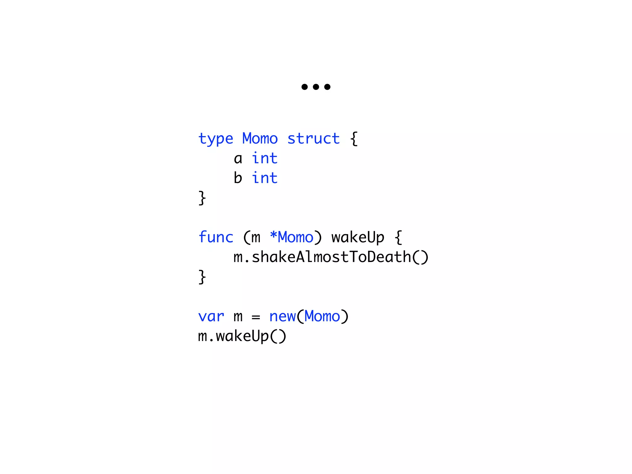 ...
type Momo struct {
    a int
    b int
}

func (m *Momo) wakeUp {
    m.shakeAlmostToDeath()
}

var m = new(Momo)
m.wakeUp()
 