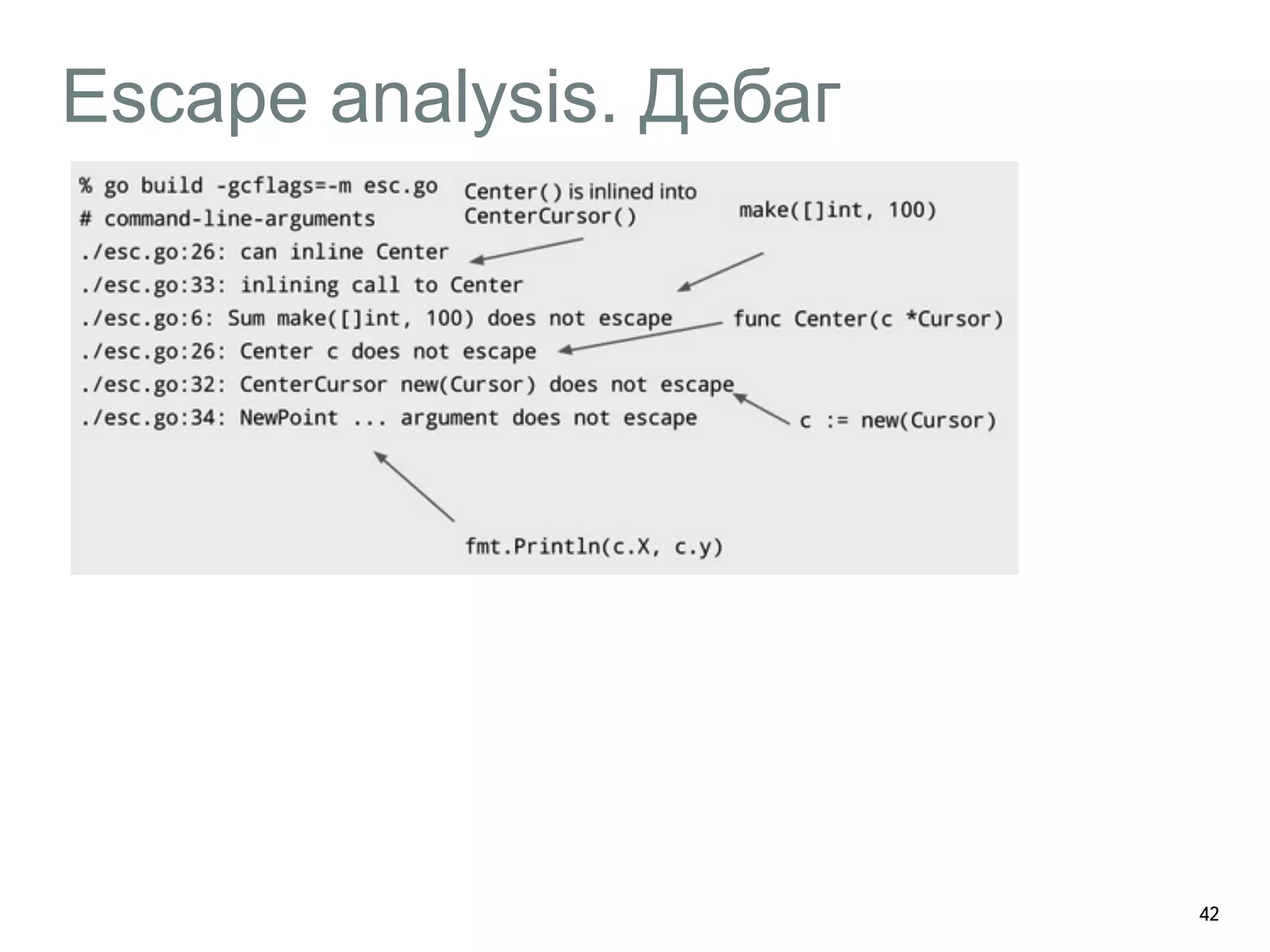 Escape analysis. Дебаг 
42 
 