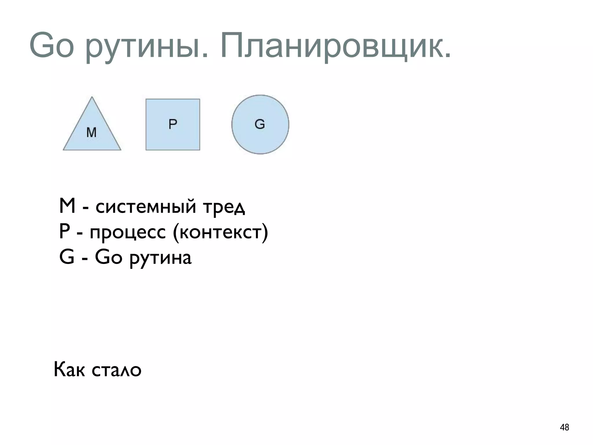 Go рутины. Планировщик. 
48 
M - системный тред 
P - процесс (контекст) 
G - Go рутина 
Как стало 
 