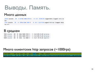 Выводы. Память. 
33 
Много данных 
В среднем 
Много клиентских http запросов (~1000rps) 
 