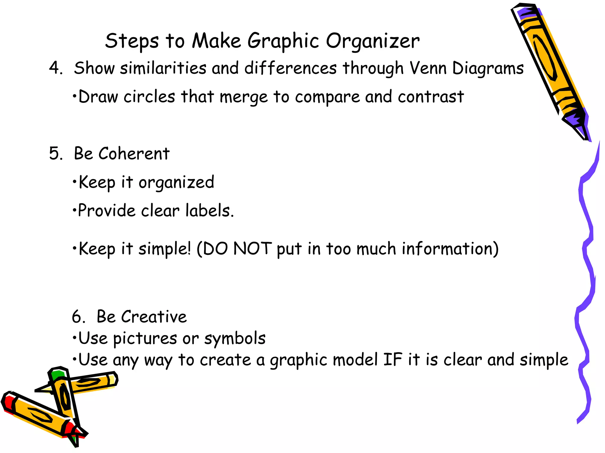 Steps to Make Graphic Organizer
4. Show similarities and differences through Venn Diagrams
•Draw circles that merge to compare and contrast
5. Be Coherent
•Keep it organized
•Provide clear labels.
•Keep it simple! (DO NOT put in too much information)
6. Be Creative
•Use pictures or symbols
•Use any way to create a graphic model IF it is clear and simple
 