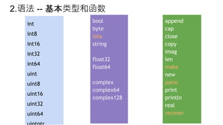 2.语法 -- 基本类型和函数
int
int8
int16
int32
int64
uint
uint8
uint16
uint32
uint64
bool
byte
iota
string
float32
float64
complex
complex64
complex128
append
cap
close
copy
imag
len
make
new
panic
print
println
real
recover
 