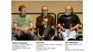 Rob Pike
Languages created: squeak, newsqueak,
Sawzall, Go.
Worked at: Bell Labs, Google.
invented: UTF-8
Robert Griesemer
Languages created:Sawzall, Go
V8 JavaScript engine
Java HotSpot virtual machin
Chubby
Ken Thompson
Languages created: B, Go.
Unix
Plan 9
Worked at: Bell Labs, Google.
 