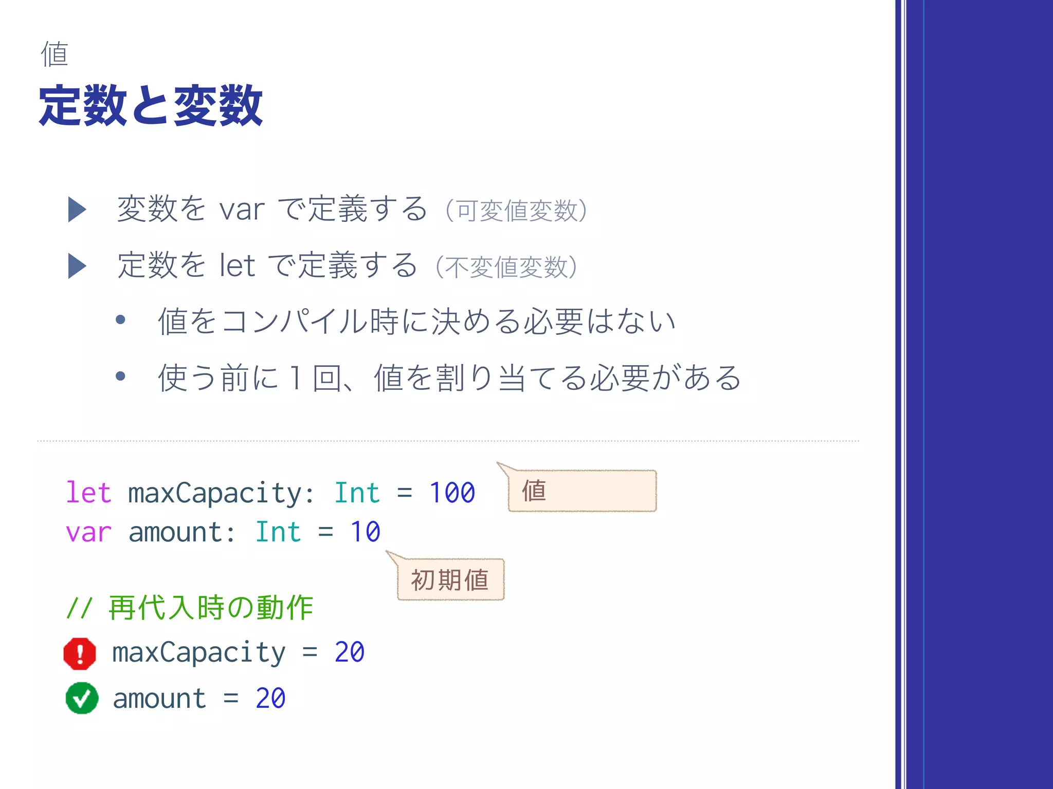 let maxCapacity: Int = 100
var amount: Int = 10
// 再代入時の動作
maxCapacity = 20
amount = 20
値
初期値
 