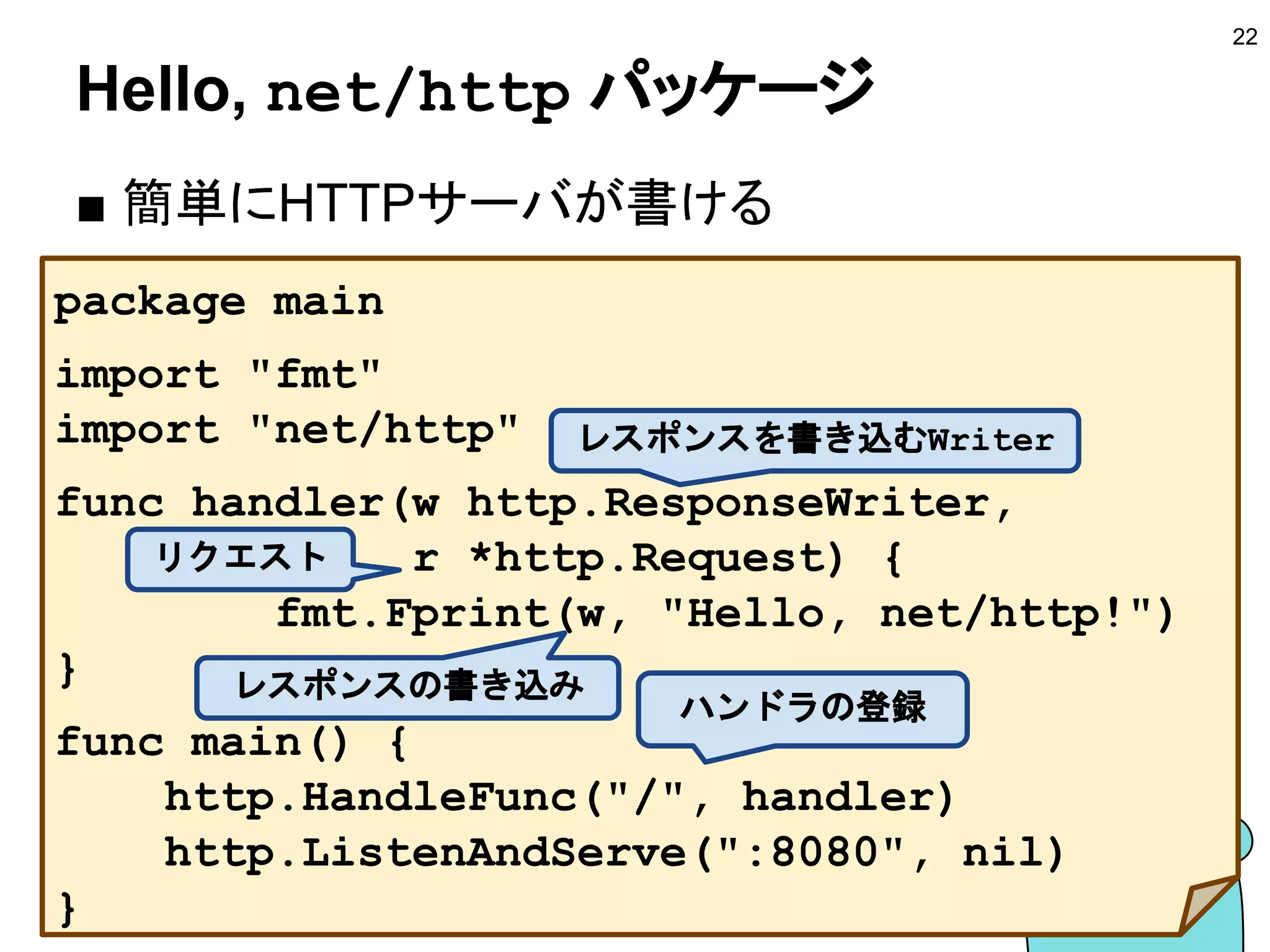 Hello, net/http パッケージ
■ 簡単にHTTPサーバが書ける
package main
import "fmt"
import "net/http"
func handler(w http.ResponseWriter,
r *http.Request) {
fmt.Fprint(w, "Hello, net/http!")
}
func main() {
http.HandleFunc("/", handler)
http.ListenAndServe(":8080", nil)
}
22
レスポンスを書き込むWriter
リクエスト
レスポンスの書き込み
ハンドラの登録
 