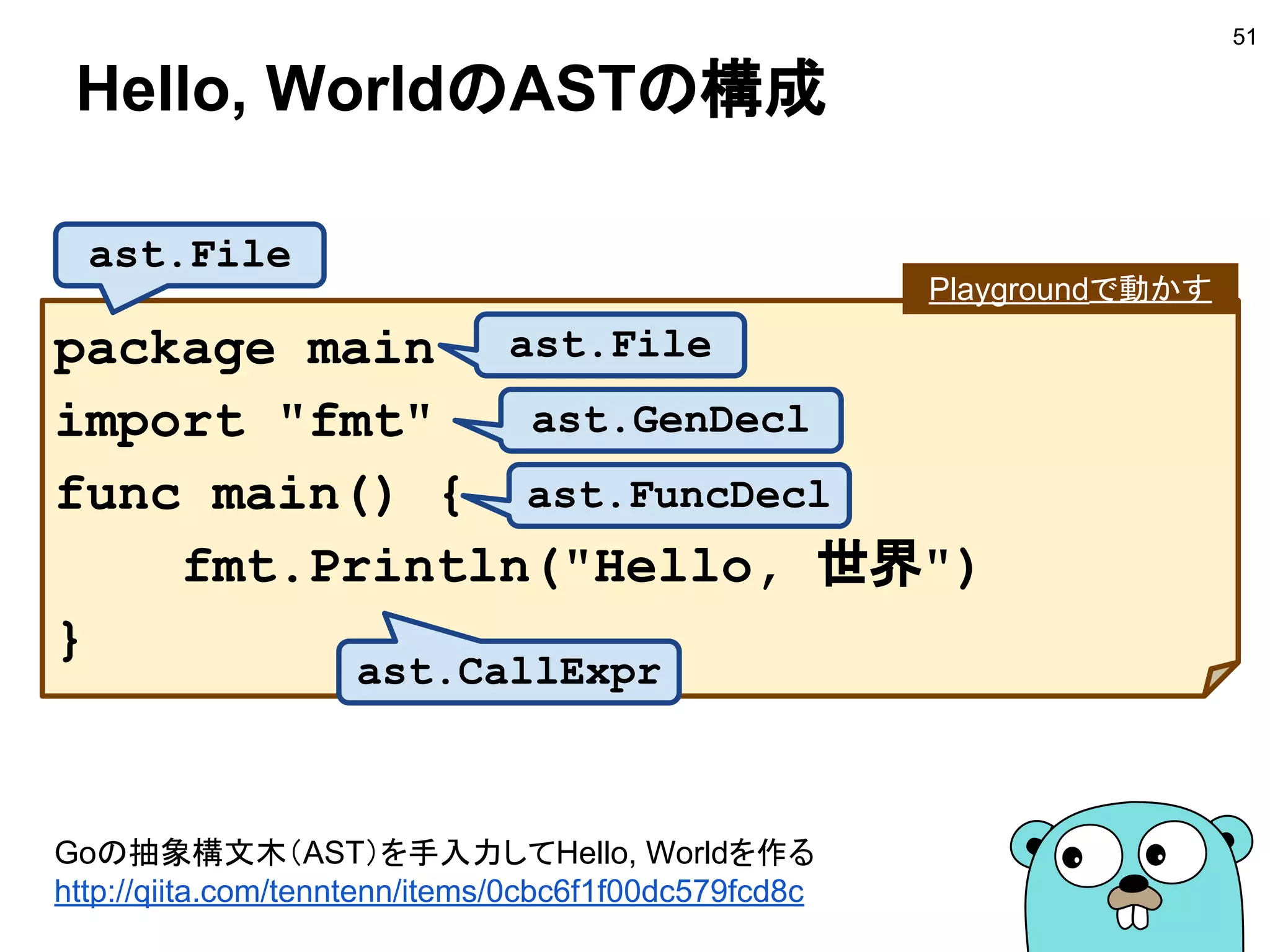Hello, WorldのASTの構成
51
package main
import "fmt"
func main() {
fmt.Println("Hello, 世界")
}
ast.File
ast.File
ast.GenDecl
ast.FuncDecl
ast.CallExpr
Goの抽象構文木（AST）を手入力してHello, Worldを作る
http://qiita.com/tenntenn/items/0cbc6f1f00dc579fcd8c
Playgroundで動かす
 