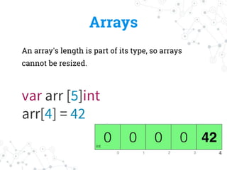 Arrays
An array's length is part of its type, so arrays
cannot be resized.
var arr [5]int
arr[4] = 42
 