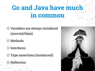 Go and Java have much
in common
◎ Variables are always initialized
(zero/nil/false)
◎ Methods
◎ Interfaces
◎ Type assertions (instanceof)
◎ Reflection
 