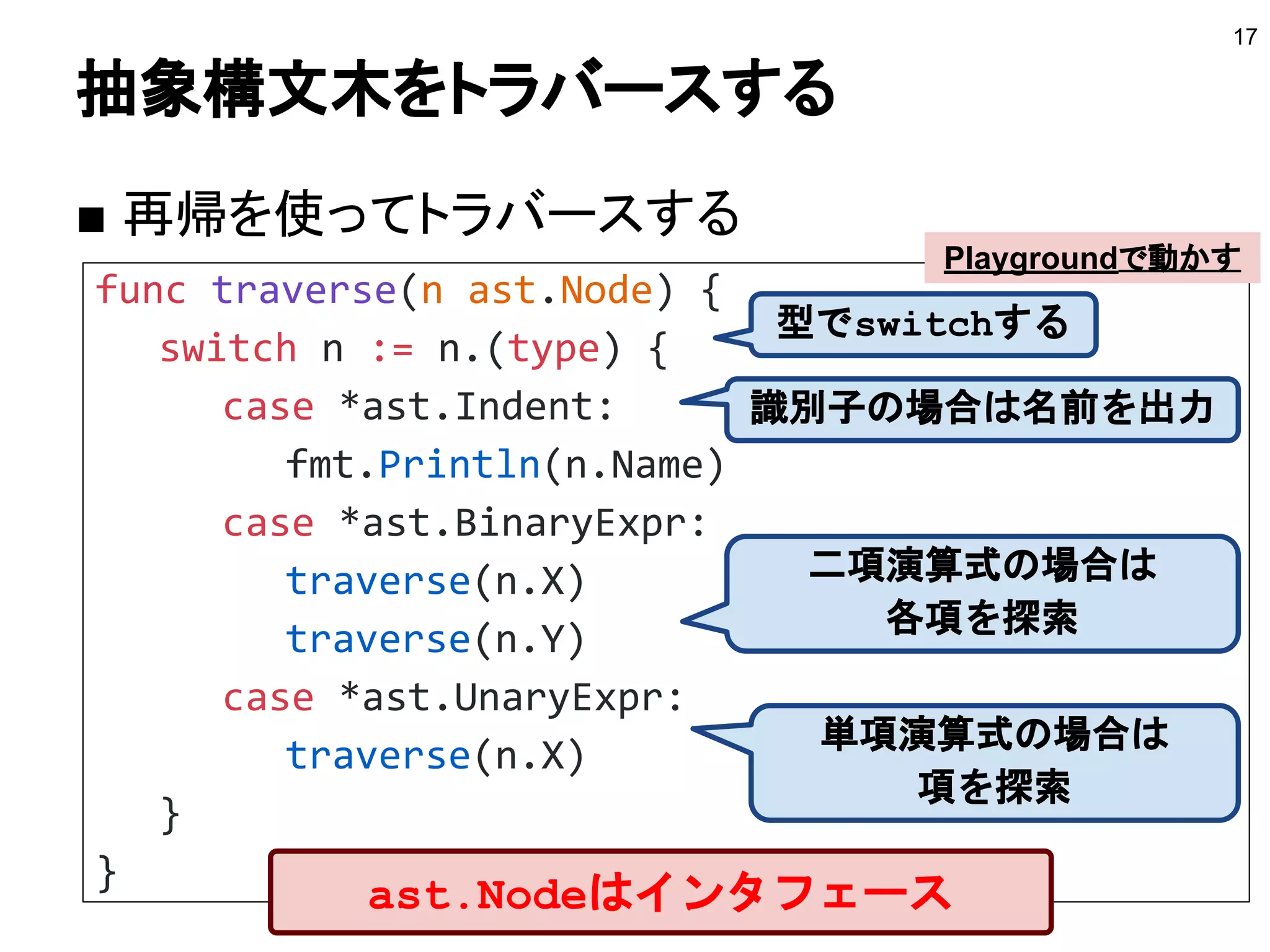 func traverse(n ast.Node) {
switch n := n.(type) {
case *ast.Indent:
fmt.Println(n.Name)
case *ast.BinaryExpr:
traverse(n.X)
traverse(n.Y)
case *ast.UnaryExpr:
traverse(n.X)
}
}
抽象構文木をトラバースする
■ 再帰を使ってトラバースする
17
識別子の場合は名前を出力
二項演算式の場合は
各項を探索
単項演算式の場合は
項を探索
型でswitchする
Playgroundで動かす
ast.Nodeはインタフェース
 