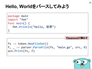 Hello, Worldをパースしてみよう
20
package main
import "fmt"
func main() {
fmt.Println("Hello, 世界")
}
fs := token.NewFileSet()
f, _ := parser.ParseFile(fs, "main.go", src, 0)
ast.Print(fs, f)
Playgroundで動かす
 