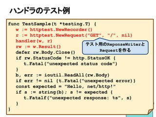 http.ResponseWriterについて
■ http.ResponseWriterインタフェース
● io.Writerと同じWriteメソッドをもつ
○ ResposeWriteを満たすとio.Writerを満たす
● io.Writerとしても振る舞える
○ fmt.Fprint*の引数に取れる
○ json.NewEncoderの引数に取れる
インタフェースなので
モックも作りやすい＝テスト簡単
 