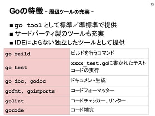 Goの特徴 − 豊富な標準ライブラリ −
■ 標準ライブラリ一覧
　https://golang.org/pkg/
13
net/http HTTPサーバなど
archive, compress zipやgzipなど
crypto 暗号化
encoding JSON, XML, CSVなど
html/template HTMLテンプレート
os, path/filepath ファイル操作など
 