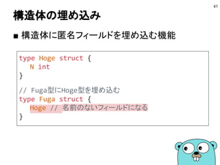 型アサーション
インタフェース.(型)
インタフェース型の値を任意の型にキャストする。第2戻り値に
キャストできるかどうかが返る。
41
var v interface{}
v = 100
n,ok := v.(int)
fmt.Println(n, ok)
s,ok := v.(string)
fmt.Println(s, ok)
Playgroundで動かす
 