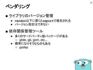 エクスポート
■ エクスポートする
● 大文字にした識別子がエクスポートされる
● 他のパッケージから利用できるようになる
■ エクスポートするものを適切に選ぶ
● 実装はあまりエクスポートしない
● インタフェースをエクスポートする
● パッケージ変数は多様しない
○ ゴルーチンから利用されることを考える
54
 
