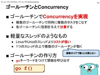テストとインタフェース
■ テスタブルなコード
● 外部とつながるような部分はインタフェースにする
○ ネットワーク、ファイル、DBアクセスなど
● モックを作ってテストする
○ Go Mockを使う
■ http://qiita.com/tenntenn/items/24fc34ec0c31f6474e6d
○ インタフェースの埋め込みを使う
■ 必要な部分だけ実装する
73
参考：Golangにおけるinterfaceをつかったテスト技法
 