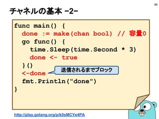 チャネルとは？
86
ゴールーチン-main
ゴールーチン-2
go f2()
ゴールーチン-1
go f1()
ch<-100<-ch
チャネル
100
 