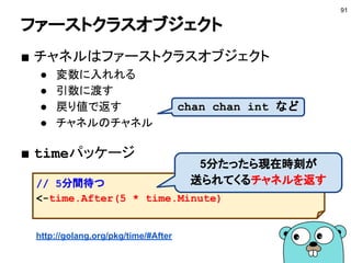 チャネルの基本 −2−
91
func main() {
done := make(chan bool) // 容量0
go func() {
time.Sleep(time.Second * 3)
done <- true
}()
<-done
fmt.Println("done")
}
送信されるまでブロック
http://play.golang.org/p/k0sMCYe4PA
 