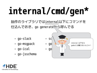 • schemalex/schemalex
• go-jsval
• go-libxml2
internal/cmd/gen*
• go-slack
• go-msgpack
• go-ical
• go-jsschema
拙作のライブラリではinternal以下にコマンドを
仕込んでおき、go generateから呼んでる
internal 以下なら
godocには載らないんじゃ！
 